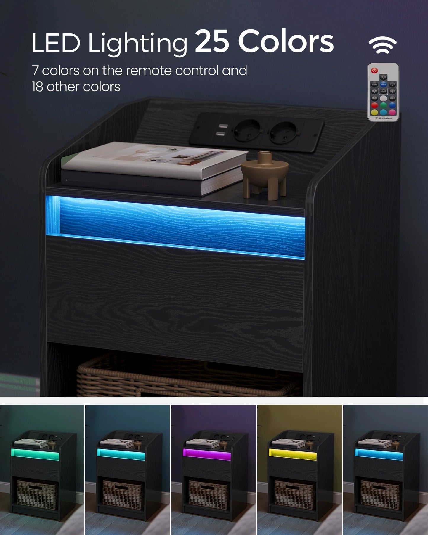 Hzuaneri Bedside Table Set of 2 with LED Light, Bedside Cabinet with Charging Station, 1 Storage Drawer Nightstand for Bedroom