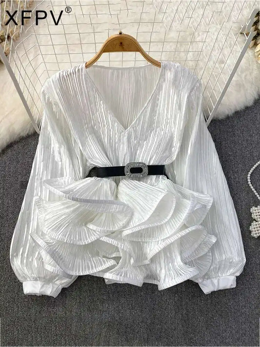 XFPV Y2k Solid Belt Ruffle Patchwork Slim Lantern Sleeve Blouse Women Elegant Basics Shirt Female 2025 Summer New Fashion SM6159