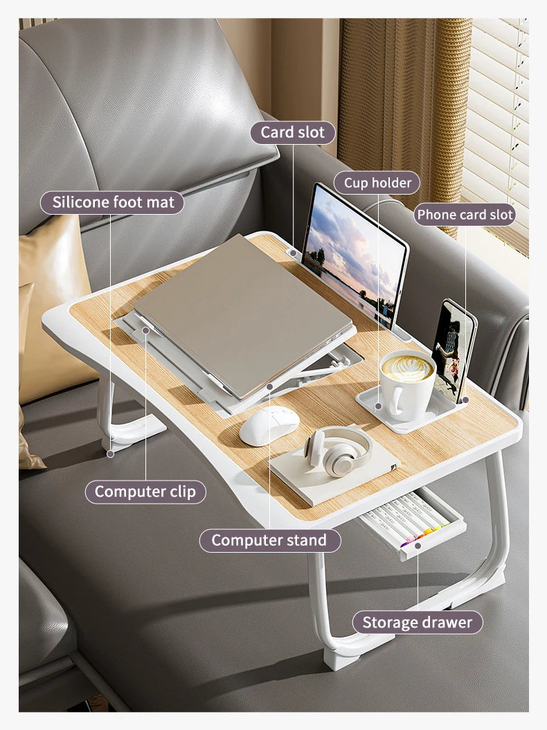 Foldable Laptop Bed Desk] Portable Adjustable Height Foldable Laptop Bed Desk with Wooden Surface - Storage Slots & Drawers for