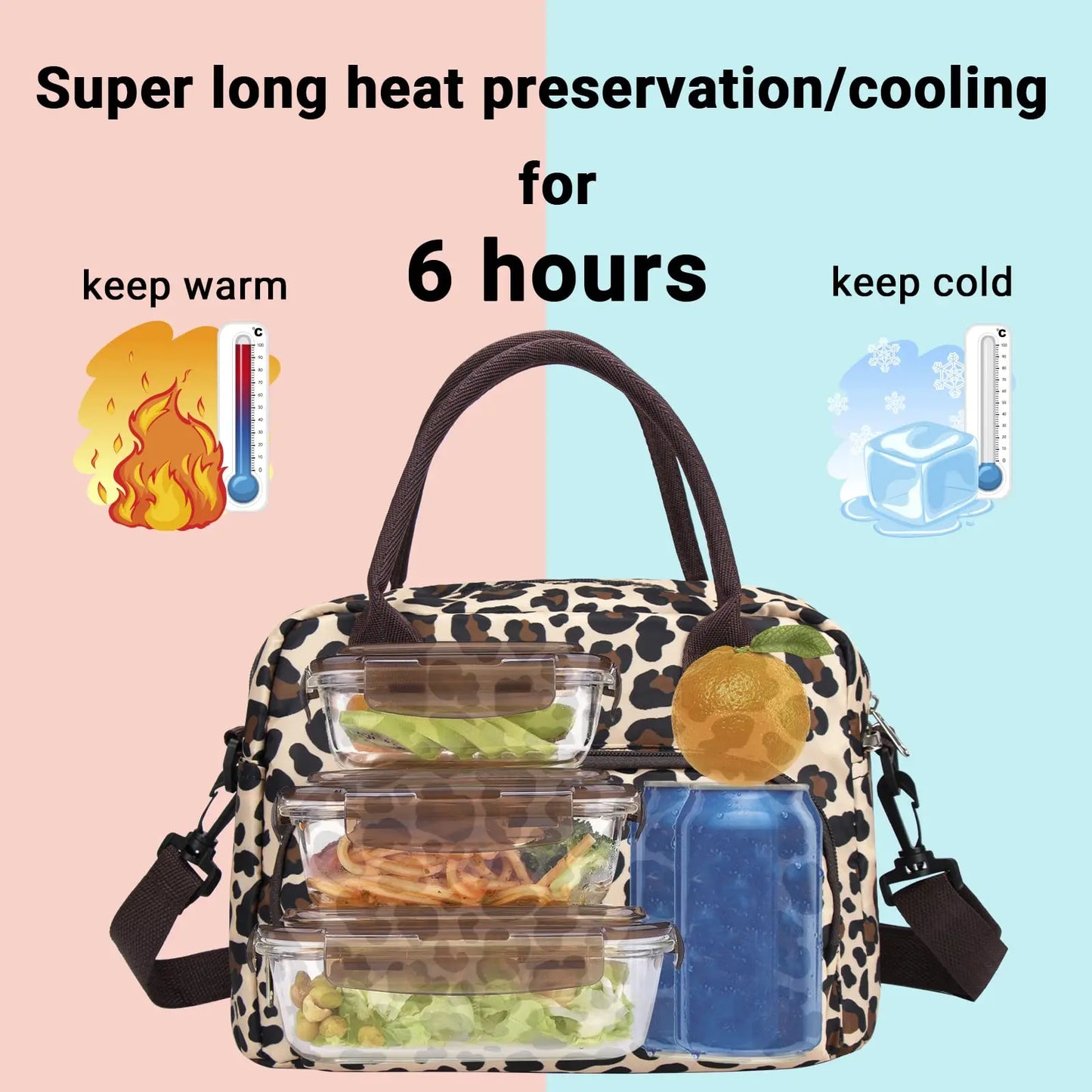 Leopard Lunch Box Insulated Camping Bag With Detachable Shoulder Strap Large Thermal Bag Organizer For Adults Work Picnic