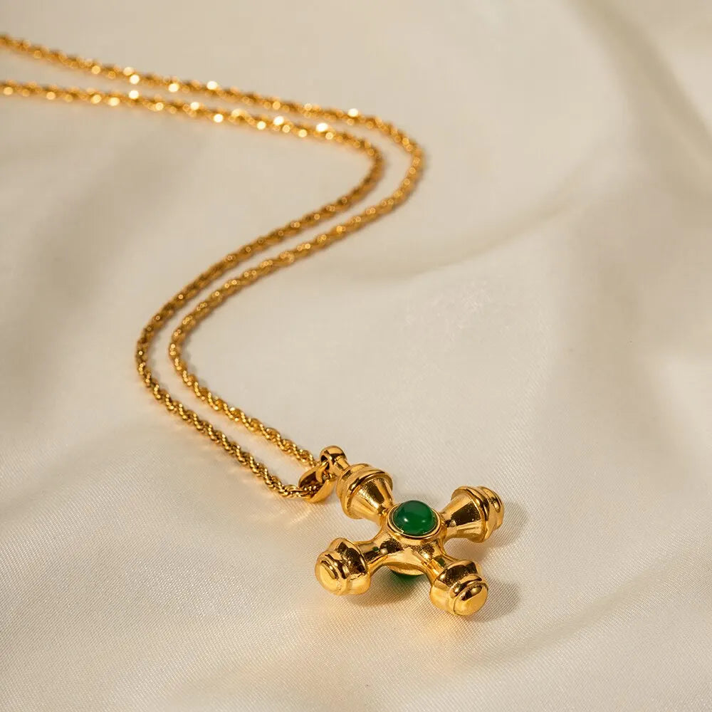 18K Gold Plated Minimalistic Cross Pattern Design Tarnishproof Stainless Steel Inlay Natural Stone Pendant Charm Lady Necklace