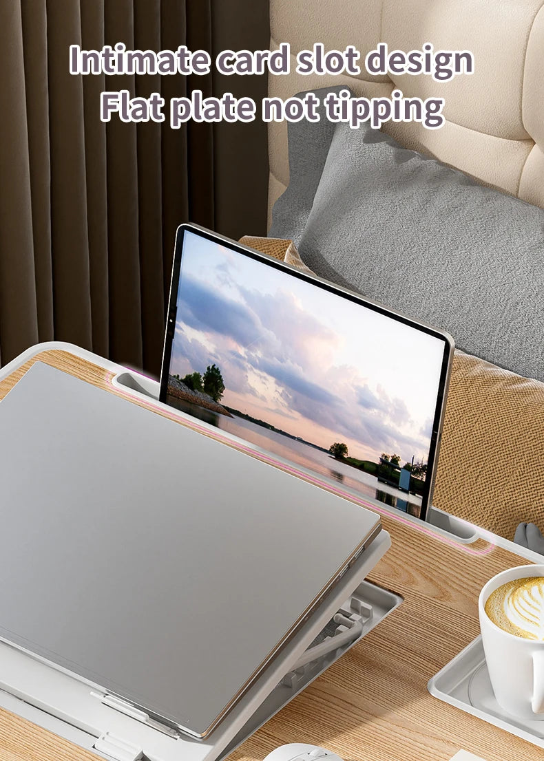 Foldable Laptop Bed Desk] Portable Adjustable Height Foldable Laptop Bed Desk with Wooden Surface - Storage Slots & Drawers for
