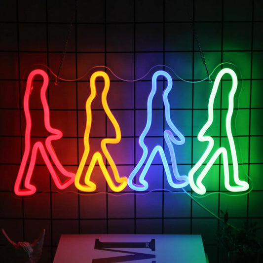 Beatles Neon Sign Four People Walking LED Neon Sign for Bedroom Wall Decor Neon Lights Signs for Game Room Beatles Fans Gift