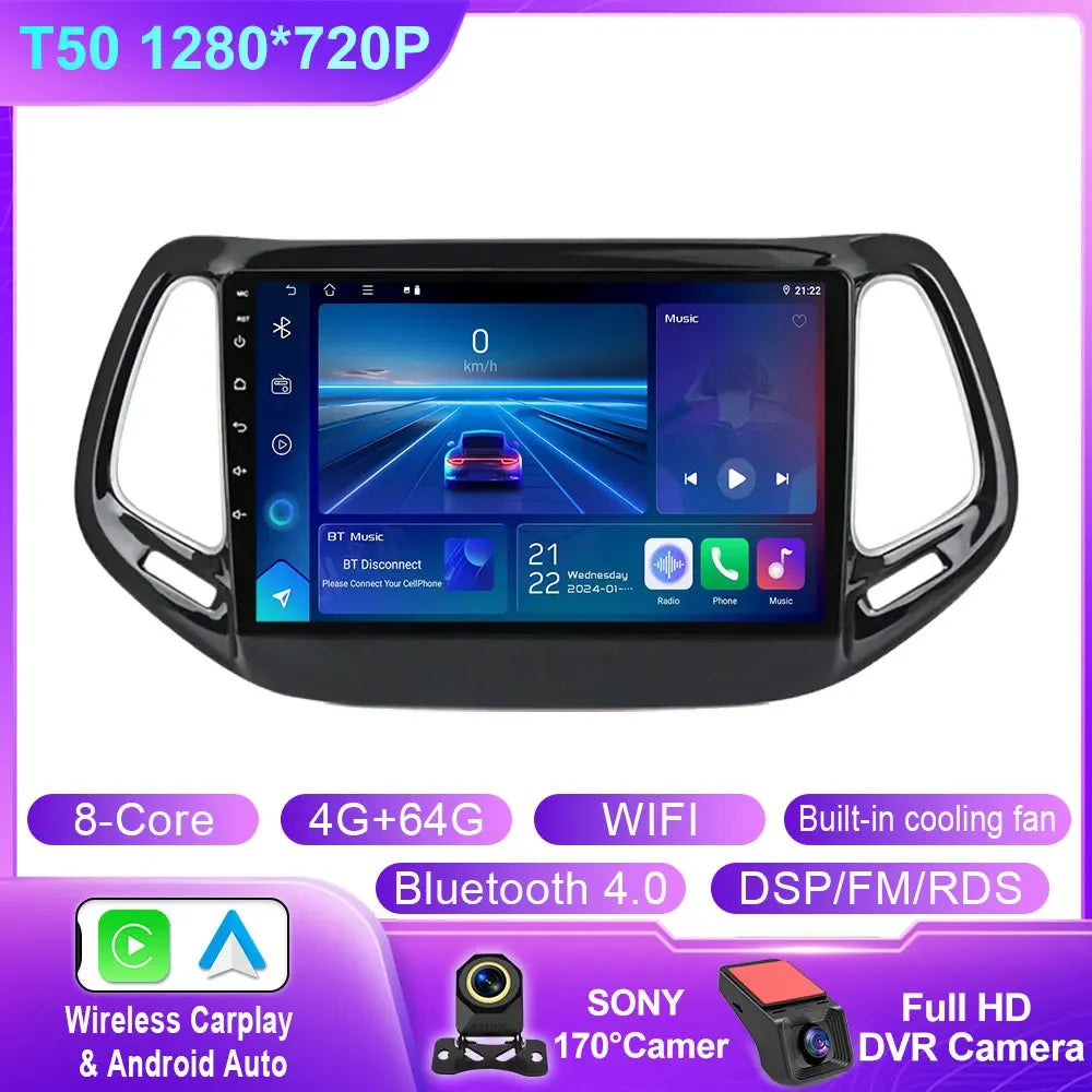 Android 14 For Jeep Compass 2 MP 2016 2017 2018 2019 Car Radio Stereo Multimedia Navigation GPS Auto Radio Player Carplay Screen