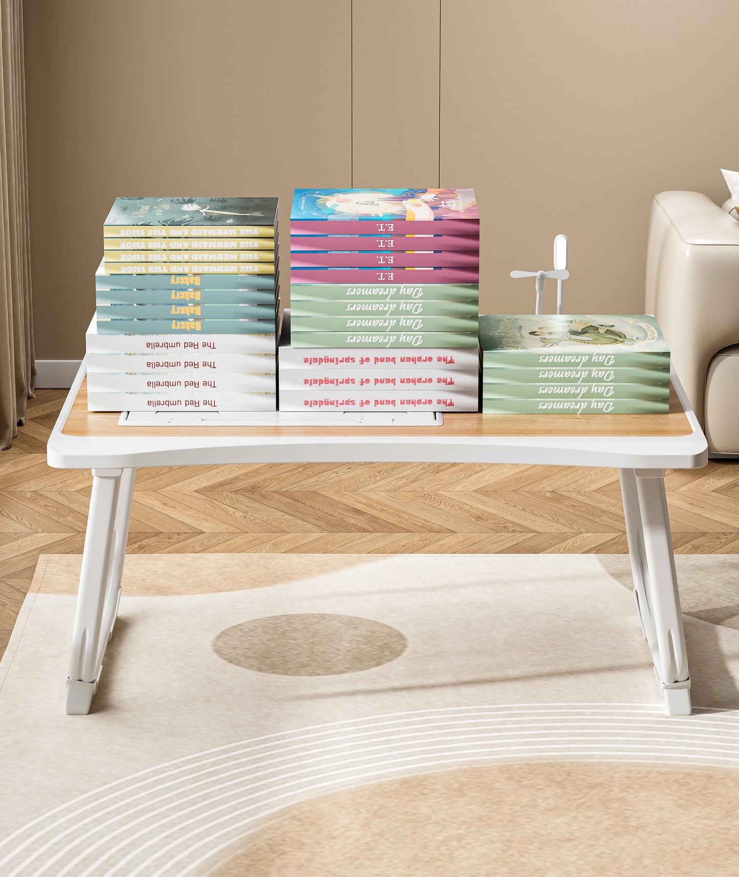 Foldable Laptop Bed Desk] Portable Adjustable Height Foldable Laptop Bed Desk with Wooden Surface - Storage Slots & Drawers for