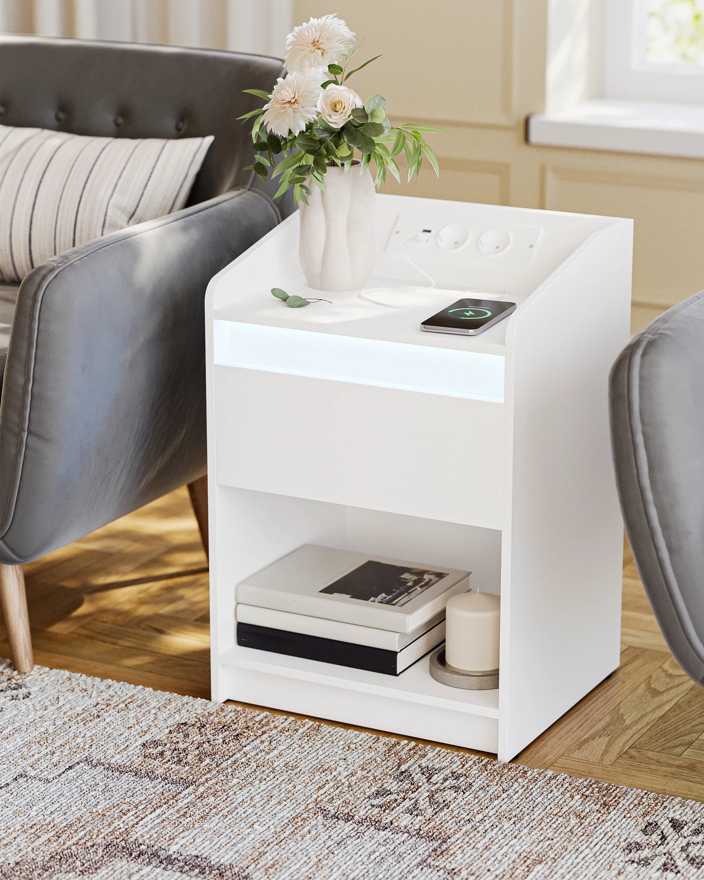 Hzuaneri Bedside Table Set of 2 with LED Light, Bedside Cabinet with Charging Station, 1 Storage Drawer Nightstand for Bedroom