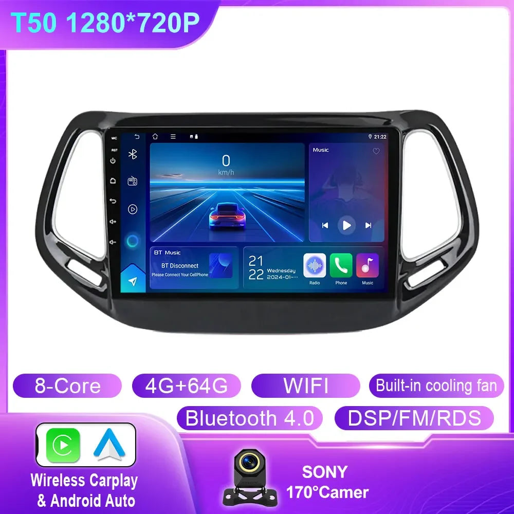 Android 14 For Jeep Compass 2 MP 2016 2017 2018 2019 Car Radio Stereo Multimedia Navigation GPS Auto Radio Player Carplay Screen