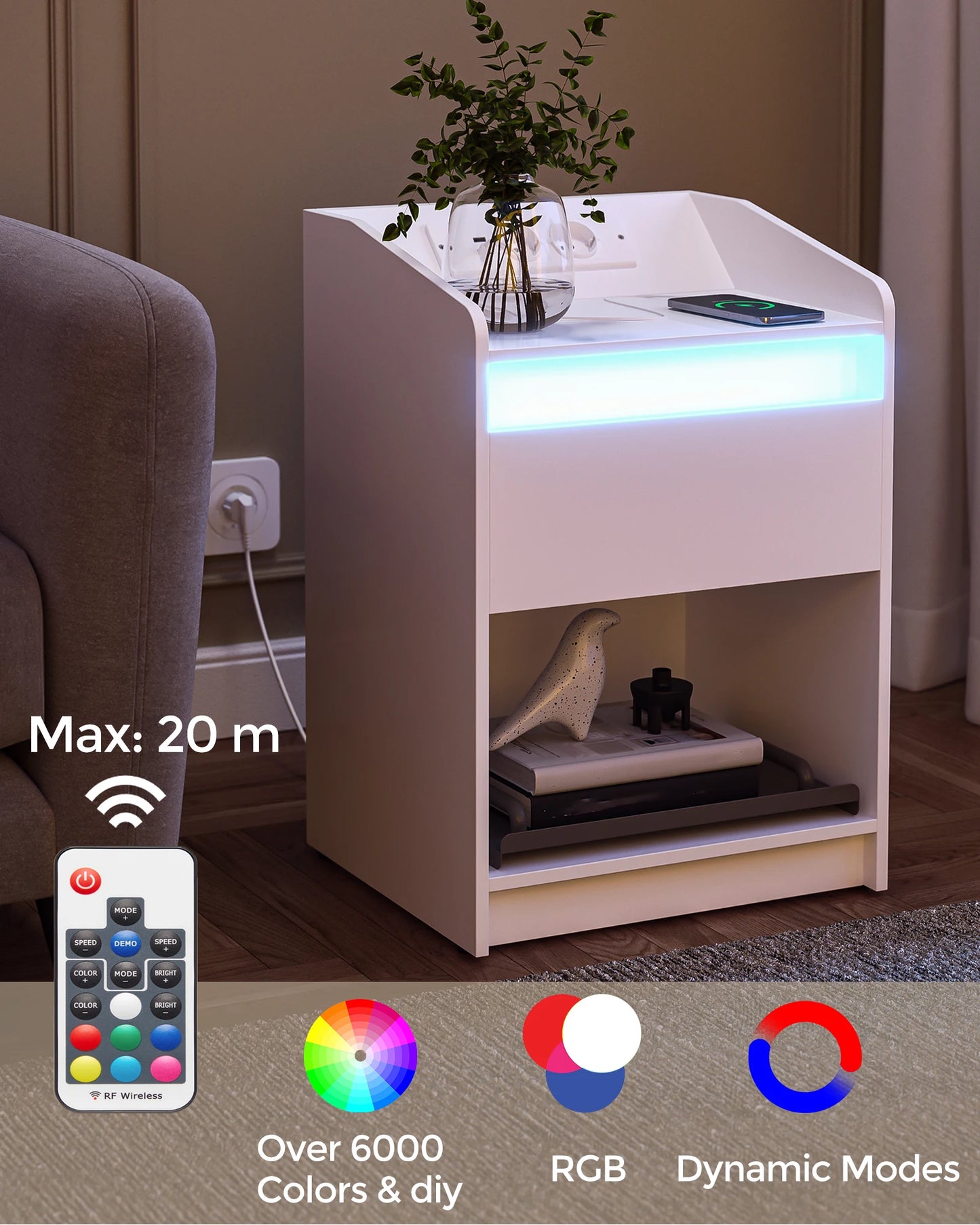 Hzuaneri Bedside Table Set of 2 with LED Light, Bedside Cabinet with Charging Station, 1 Storage Drawer Nightstand for Bedroom